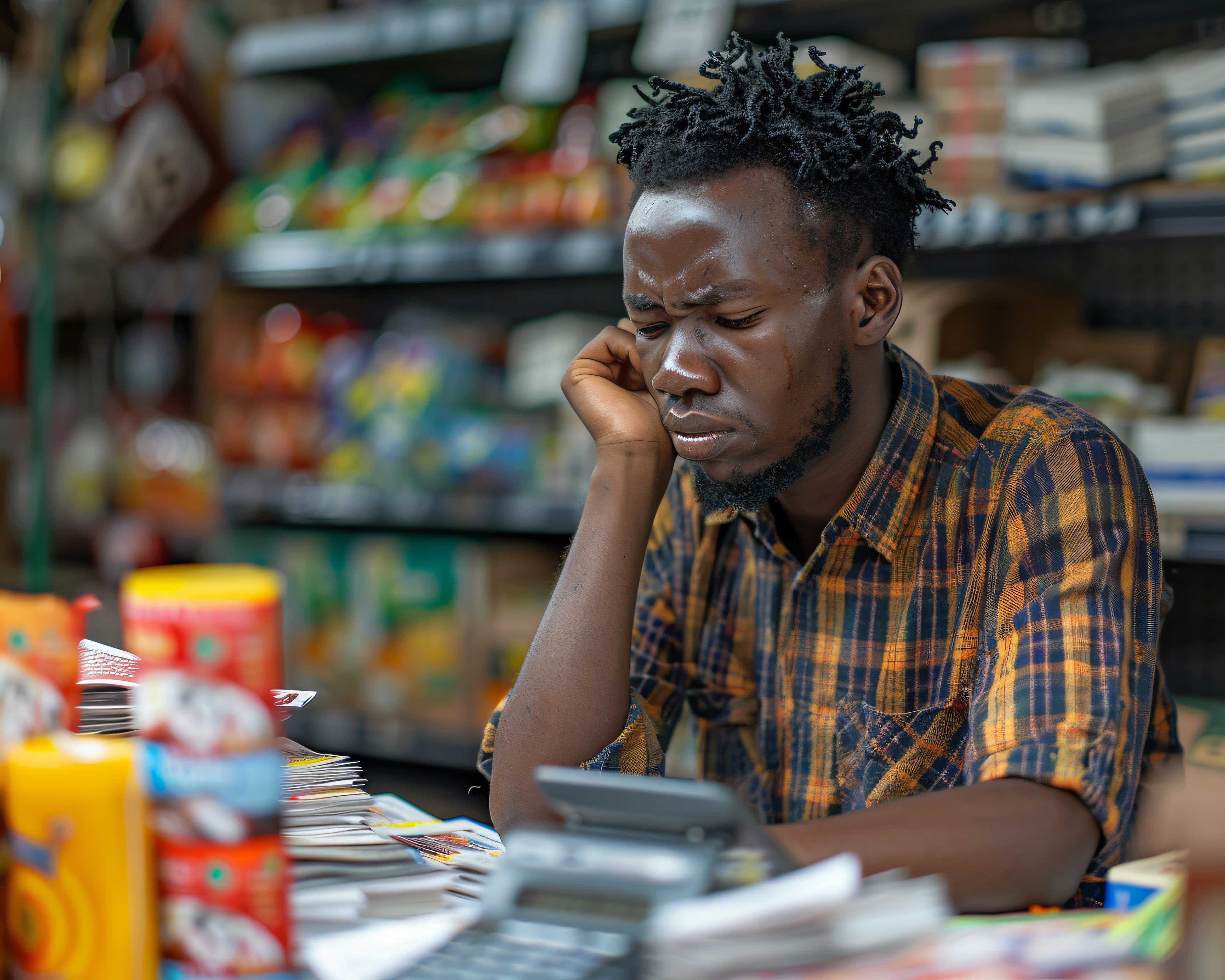 Commerçant stressé par la gestion manuelle de son commerce